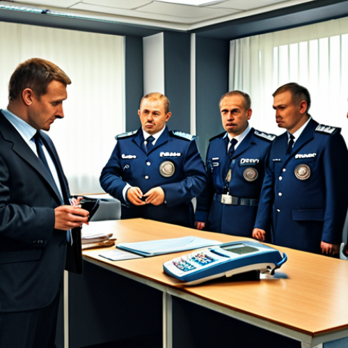 **A bustling customs office scene in Russia, showcasing simplified procedures due to an FTA. Focus on modern technology like electronic declarations, but also show a diverse group of people (businessmen, customs officers) interacting. The overall tone should be efficient and positive.**