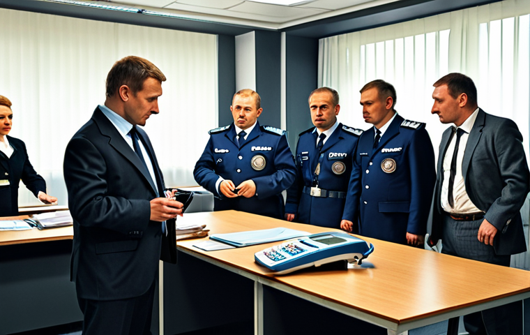 **A bustling customs office scene in Russia, showcasing simplified procedures due to an FTA. Focus on modern technology like electronic declarations, but also show a diverse group of people (businessmen, customs officers) interacting. The overall tone should be efficient and positive.**