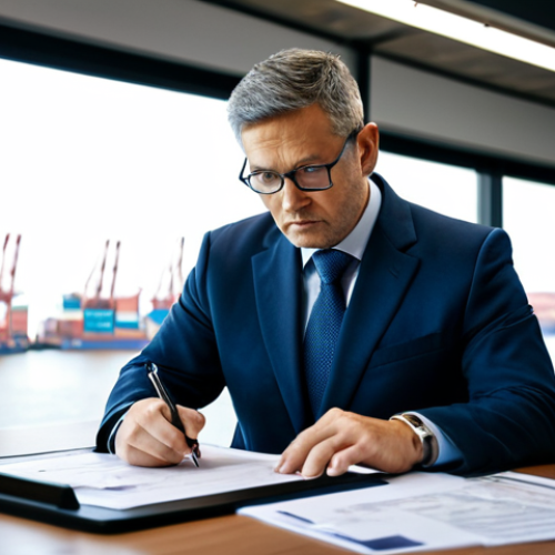 A professional logistics specialist, fully clothed in a modest business suit, seated at a modern desk in a well-lit, organized office. They are intently reviewing a complex shipping document, with a focused and serious expression. A tablet and a neatly organized stack of papers are on the desk. In the soft-focus background, large windows offer a glimpse of a bustling cargo port with ships and stacked containers, symbolizing global trade. The overall image features professional lighting and a clear, sharp focus, depicting a scene of careful planning and attention to detail. safe for work, appropriate content, fully clothed, professional, perfect anatomy, correct proportions, natural pose, well-formed hands, proper finger count, natural body proportions, high quality, realistic photography.