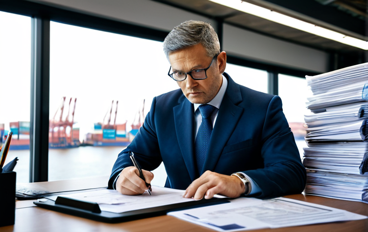 A professional logistics specialist, fully clothed in a modest business suit, seated at a modern desk in a well-lit, organized office. They are intently reviewing a complex shipping document, with a focused and serious expression. A tablet and a neatly organized stack of papers are on the desk. In the soft-focus background, large windows offer a glimpse of a bustling cargo port with ships and stacked containers, symbolizing global trade. The overall image features professional lighting and a clear, sharp focus, depicting a scene of careful planning and attention to detail. safe for work, appropriate content, fully clothed, professional, perfect anatomy, correct proportions, natural pose, well-formed hands, proper finger count, natural body proportions, high quality, realistic photography.
