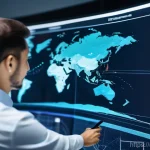 Home 7 초보자를 위한 국제물류관리사 공부법 - A highly advanced, clean, and brightly lit logistics command center. Numerous large holographic disp...