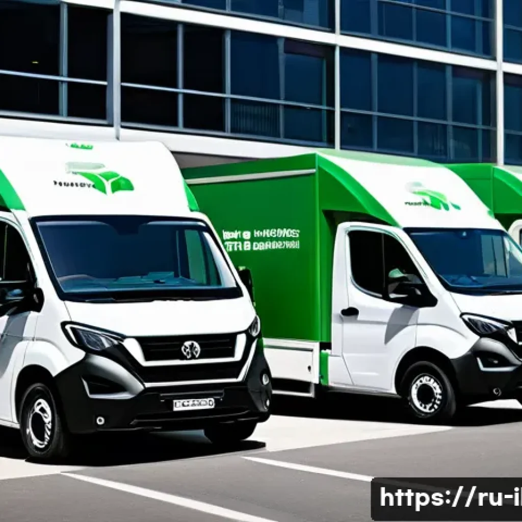 국제물류에서의 ESG 경영 사례 - A modern urban logistics scene featuring electric delivery trucks charging at a solar-powered statio...