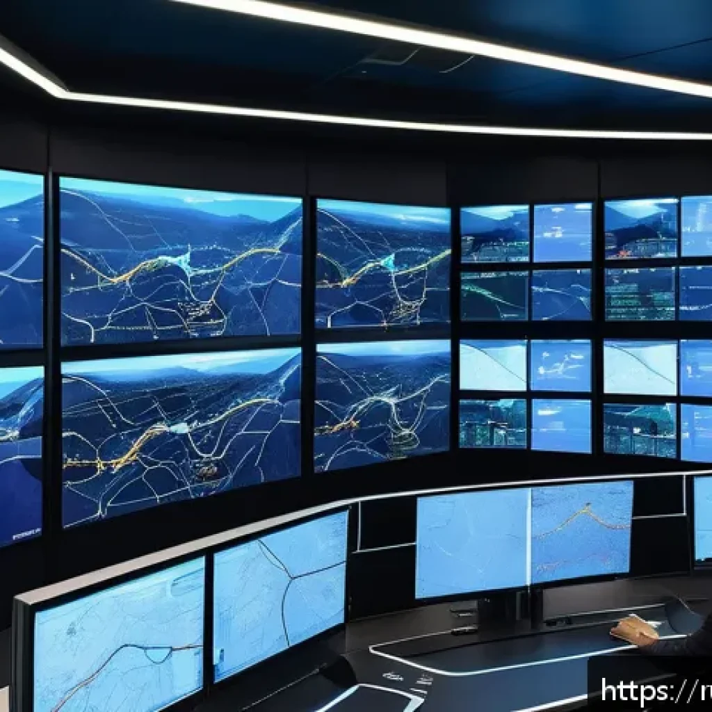 AI 기반 국제물류 최적화 - A modern international logistics control room with multiple large screens displaying AI-driven route...