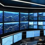 AI 기반 국제물류 최적화 - A modern international logistics control room with multiple large screens displaying AI-driven route...