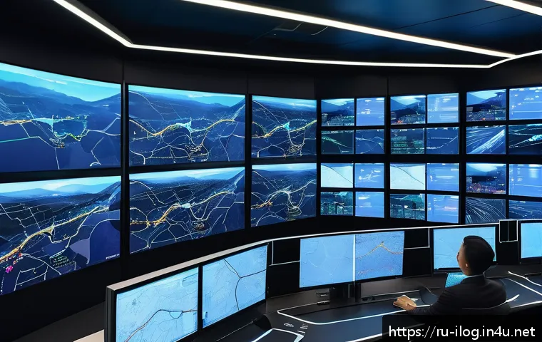 AI 기반 국제물류 최적화 - A modern international logistics control room with multiple large screens displaying AI-driven route...