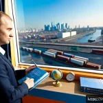 국제물류관리사에게 유용한 책 추천 - Photorealistic editorial scene of a Russian international logistics manager in a modern Moscow offic...