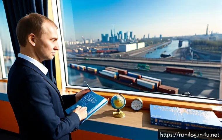 국제물류관리사에게 유용한 책 추천 - Photorealistic editorial scene of a Russian international logistics manager in a modern Moscow offic...
